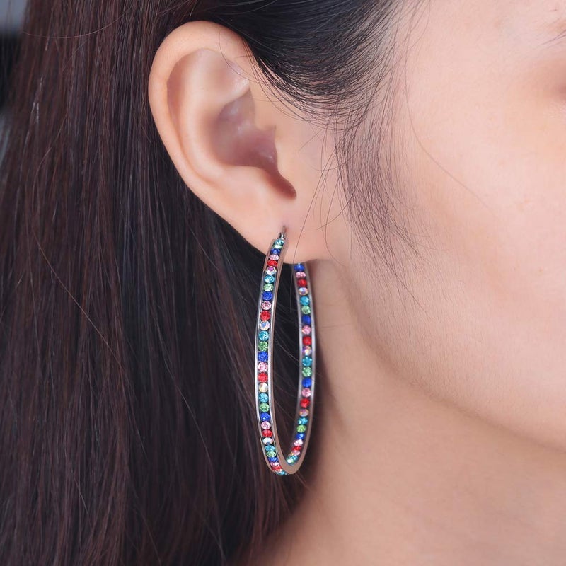 CiNily Ladies Earring Hoops Stainless Steel Hoop Earrings for Women Rainbow Hoops Mult-colors Cubic Zirconia Large Big Hoop Earrings 2" - Image 3